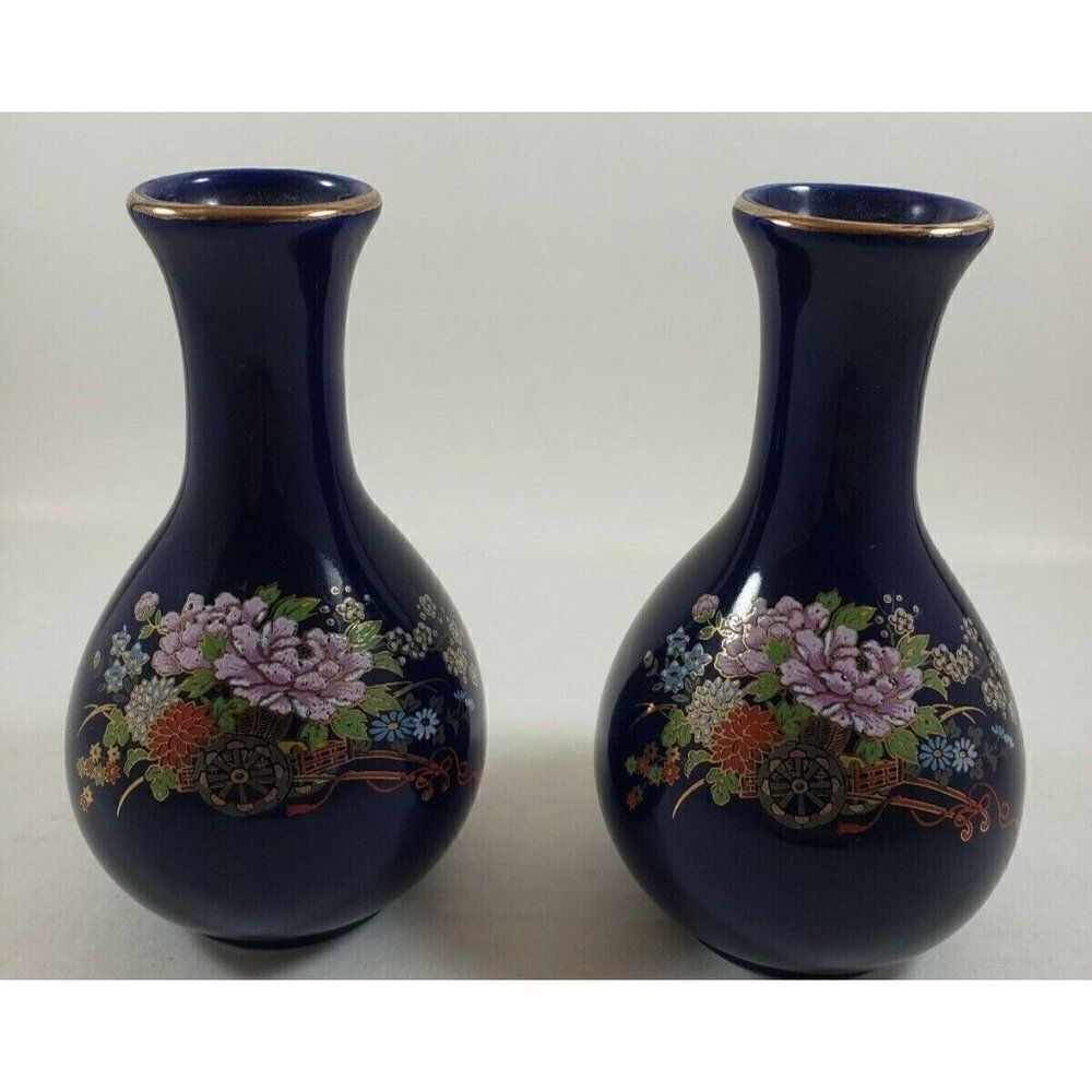 Vintage Set Kutani Japan Cobalt Blue Mini Floral Rickshaw Bud 5" Vases Gold Trim